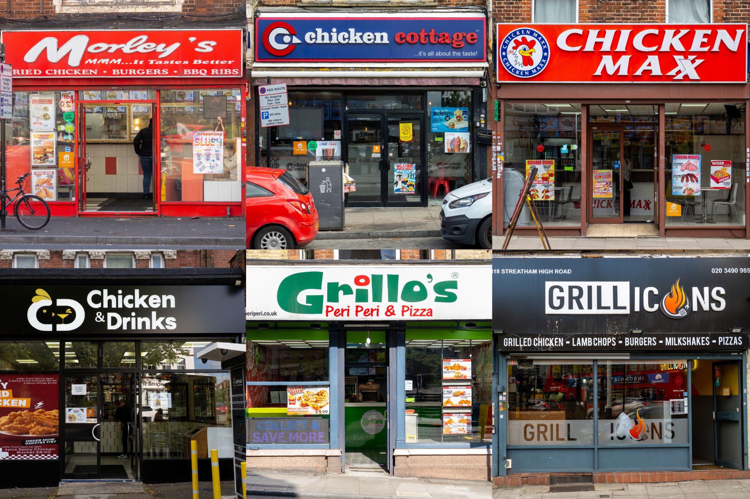 A selection of the 29 chicken shops along Streatham High Road and London Road in south London